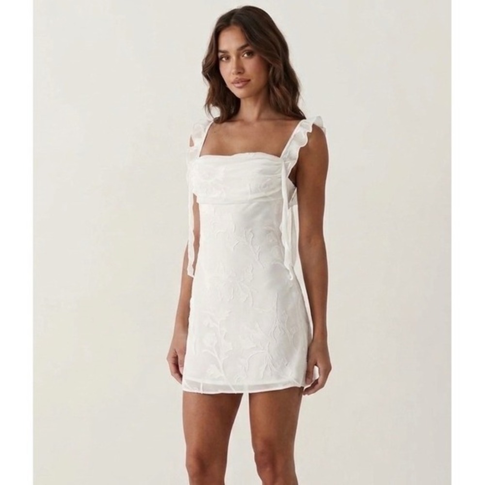 Princess Polly White Lanai Floral Burnout Ruffle Tie Strap Cowl Mini Dress 8